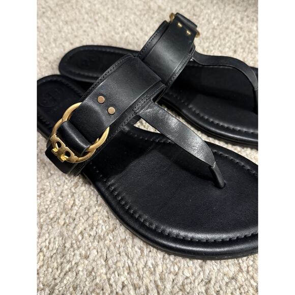 Tory Burch Marsden Sandals Size 8.5– Black Leather Flat Thong Gold Buckle - Picture 2 of 5